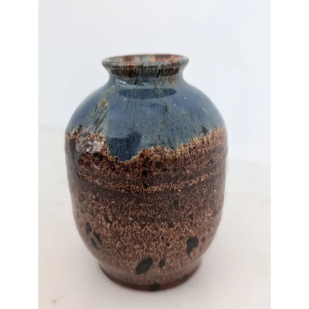 Signed Studio Pottery Jar-bottle-vase Handmade Hand-Painted Brown Blue 4.5×3